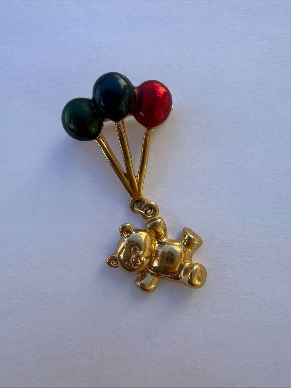 Vintage Teddy Bear Balloon Brooch Gold Tone Red Green Blue Enamel Pin
